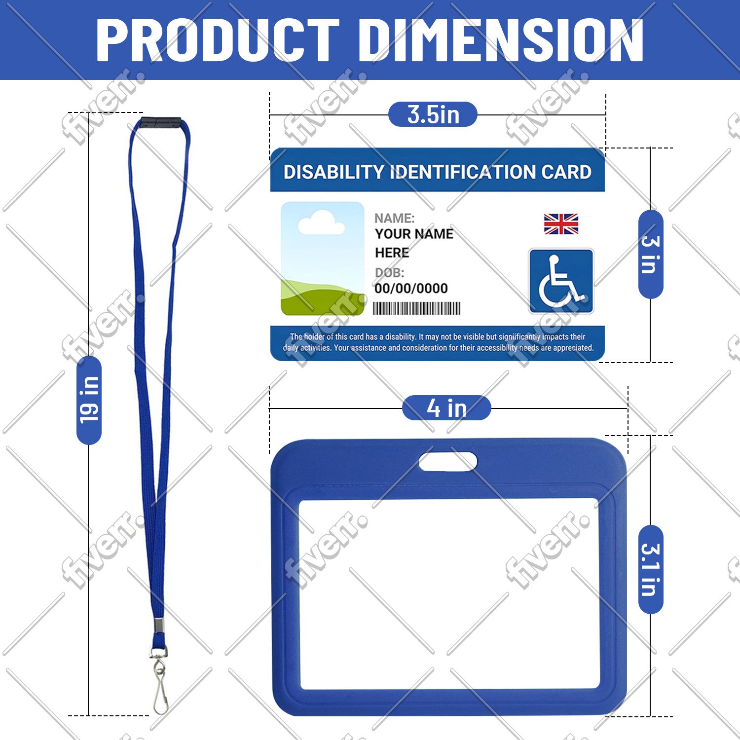 Hidden disability lanyard and clear card holder with size measurements
