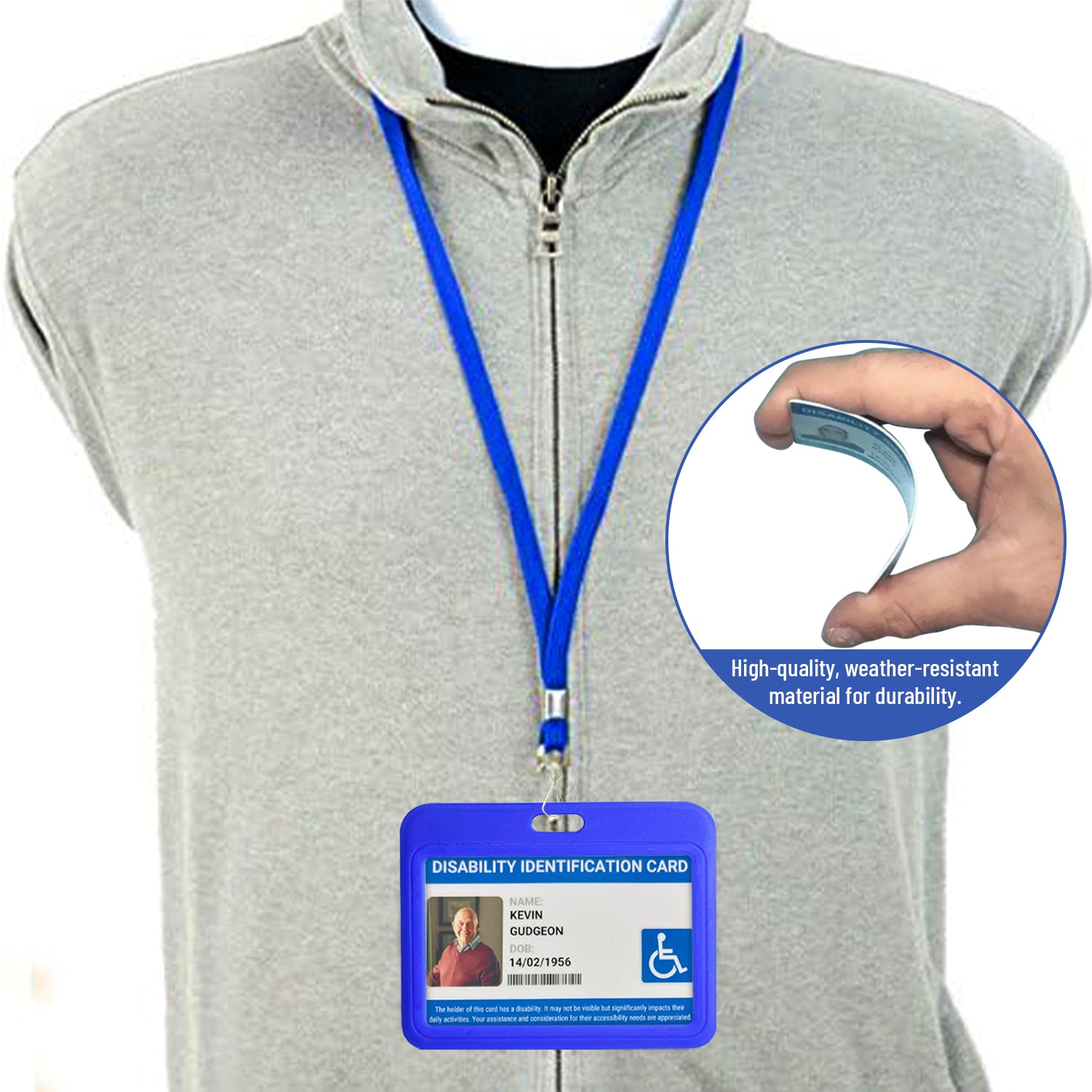 Individual displaying Disability medical card in card holder and lanyard
