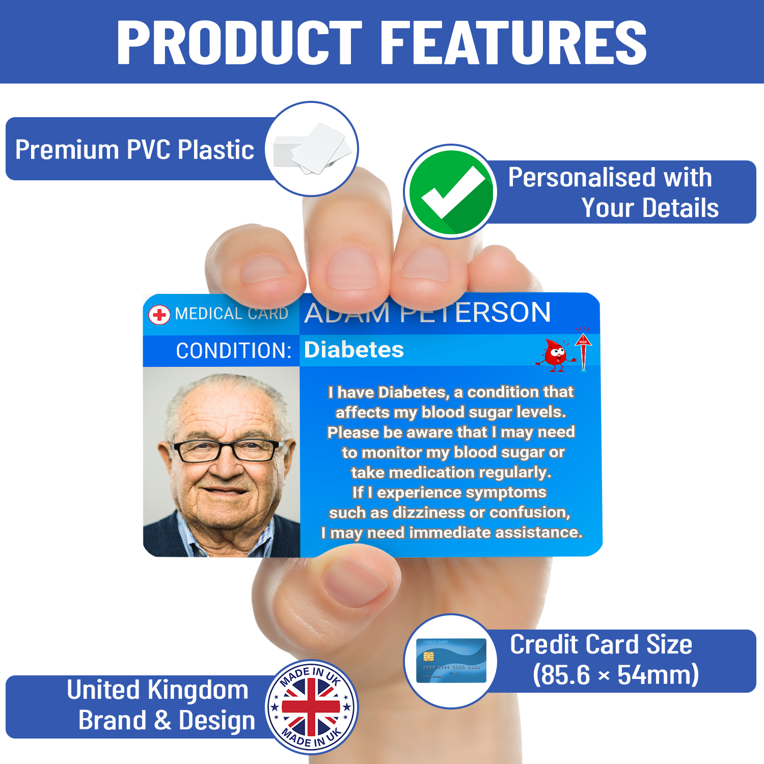 SIMPLECARD Diabetes Medical ID Card - Personalised ICE Awareness Card