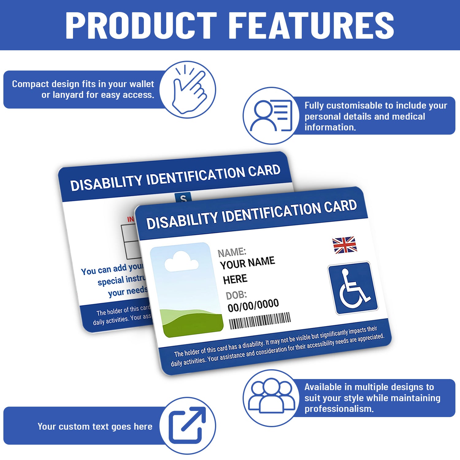 Personalised disability card with photo, name and date of birth