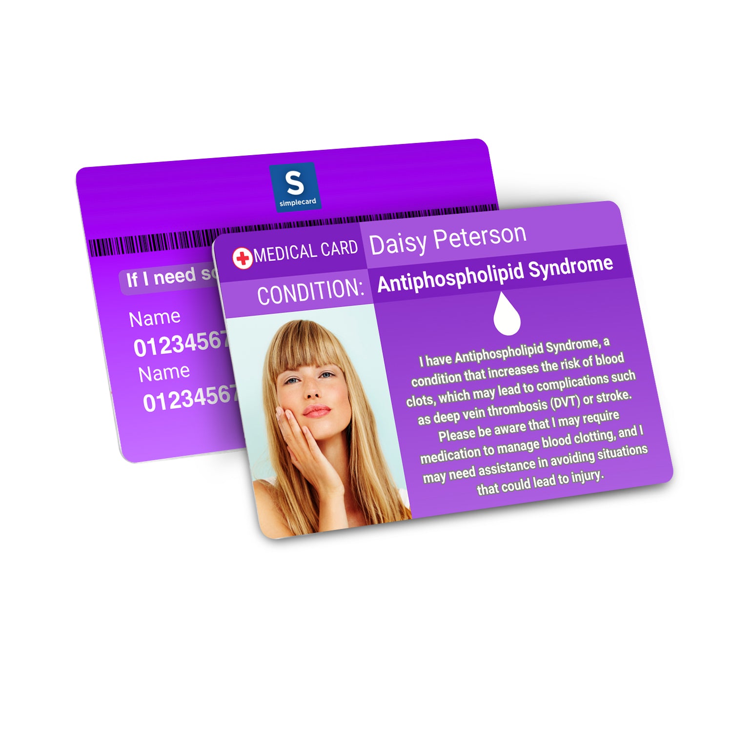 SIMPLECARD Antiphospholipid Syndrome Medical ID Card - Personalised ICE Awareness Card.