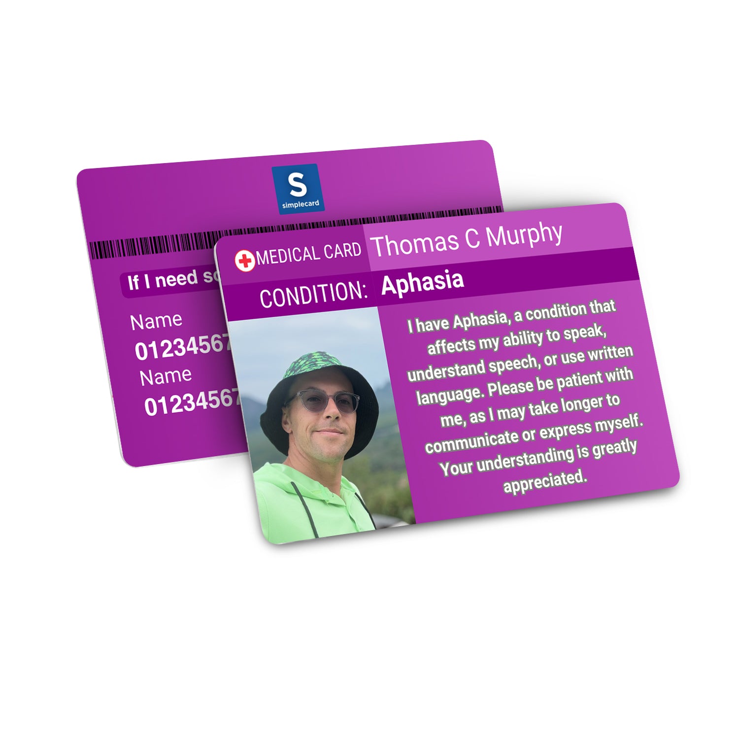 SIMPLECARD Aphasia Medical ID Card - Personalised ICE Awareness Card.