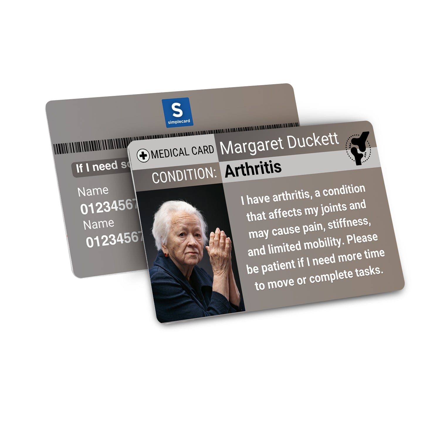 SIMPLECARD Arthritis Awareness Support Medical ID Card - Personalised ICE Awareness Card.