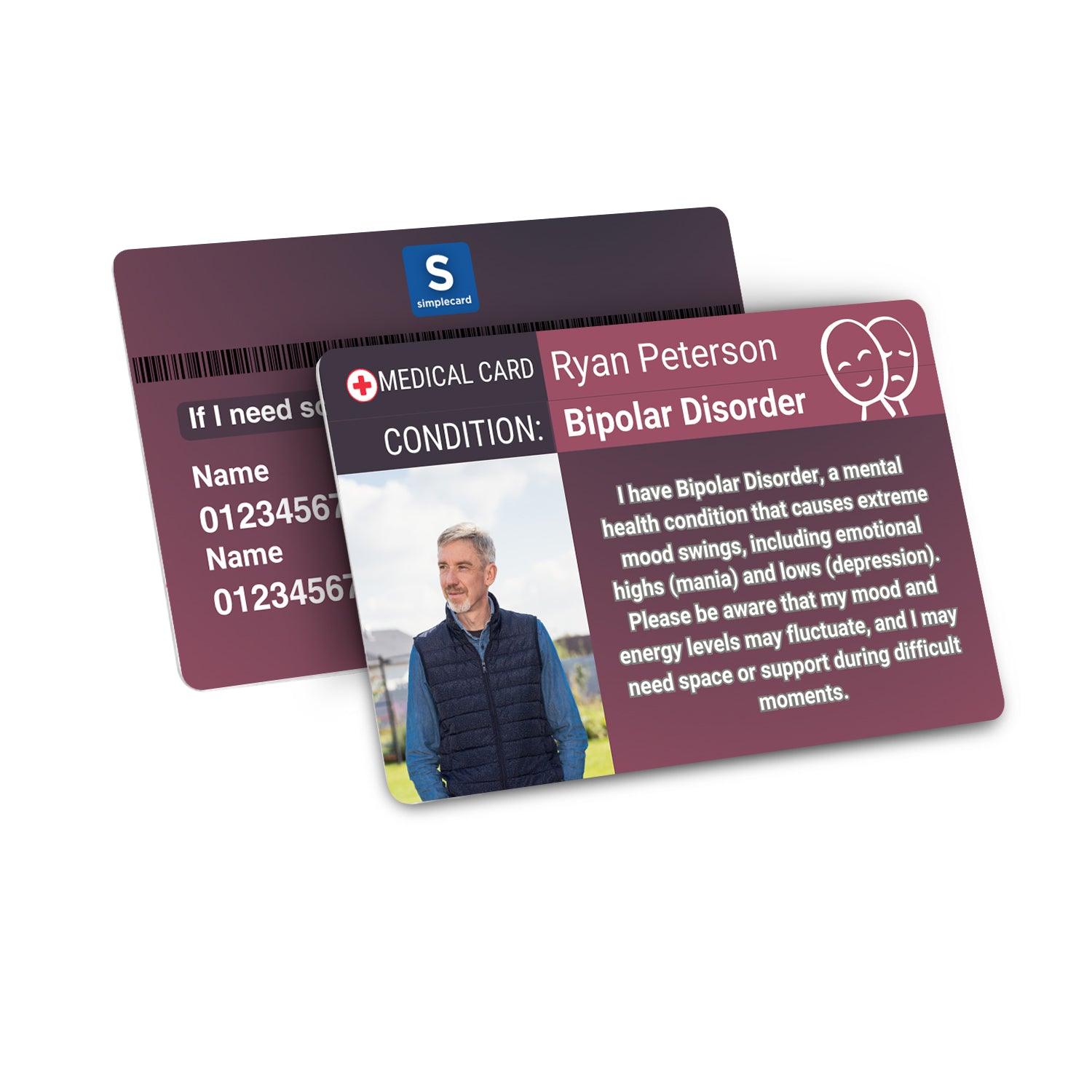 SIMPLECARD Bipolar Disorder Medical ID Card - Personalised ICE Awareness Card.