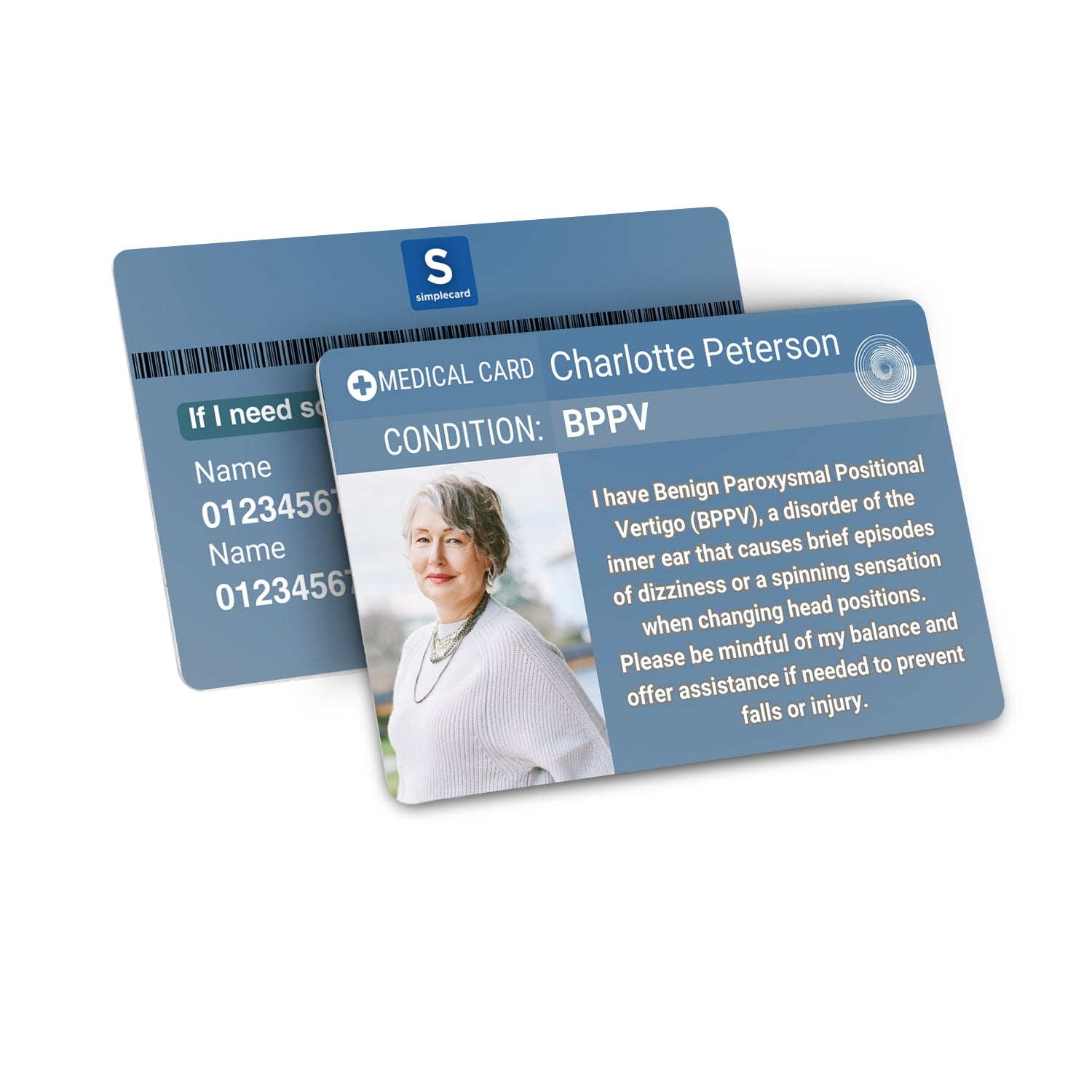 SIMPLECARD BPPV Medical ID Card - Personalised ICE Awareness Card.
