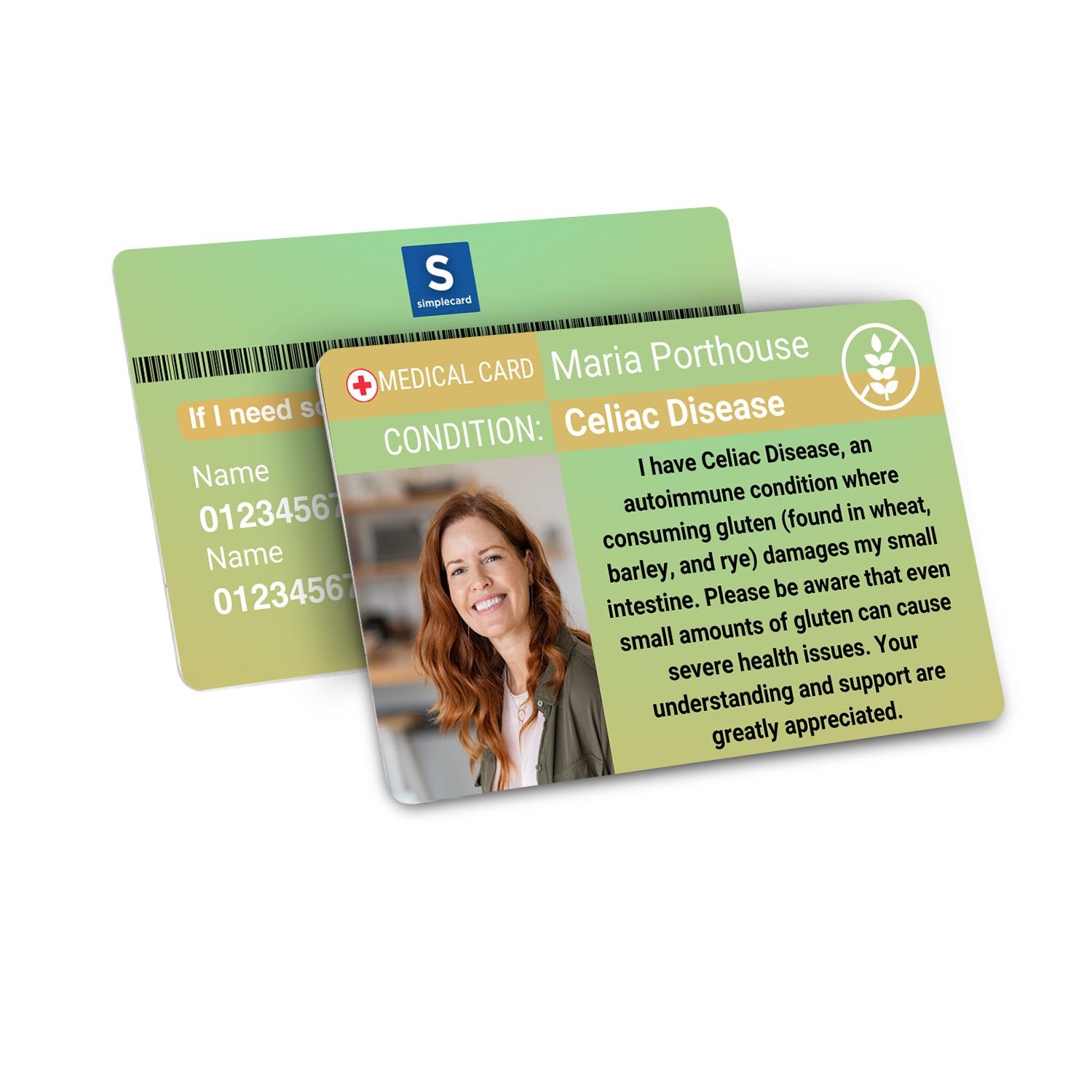SIMPLECARD Celiac Disease Medical ID Card - Personalised ICE Awareness Card.