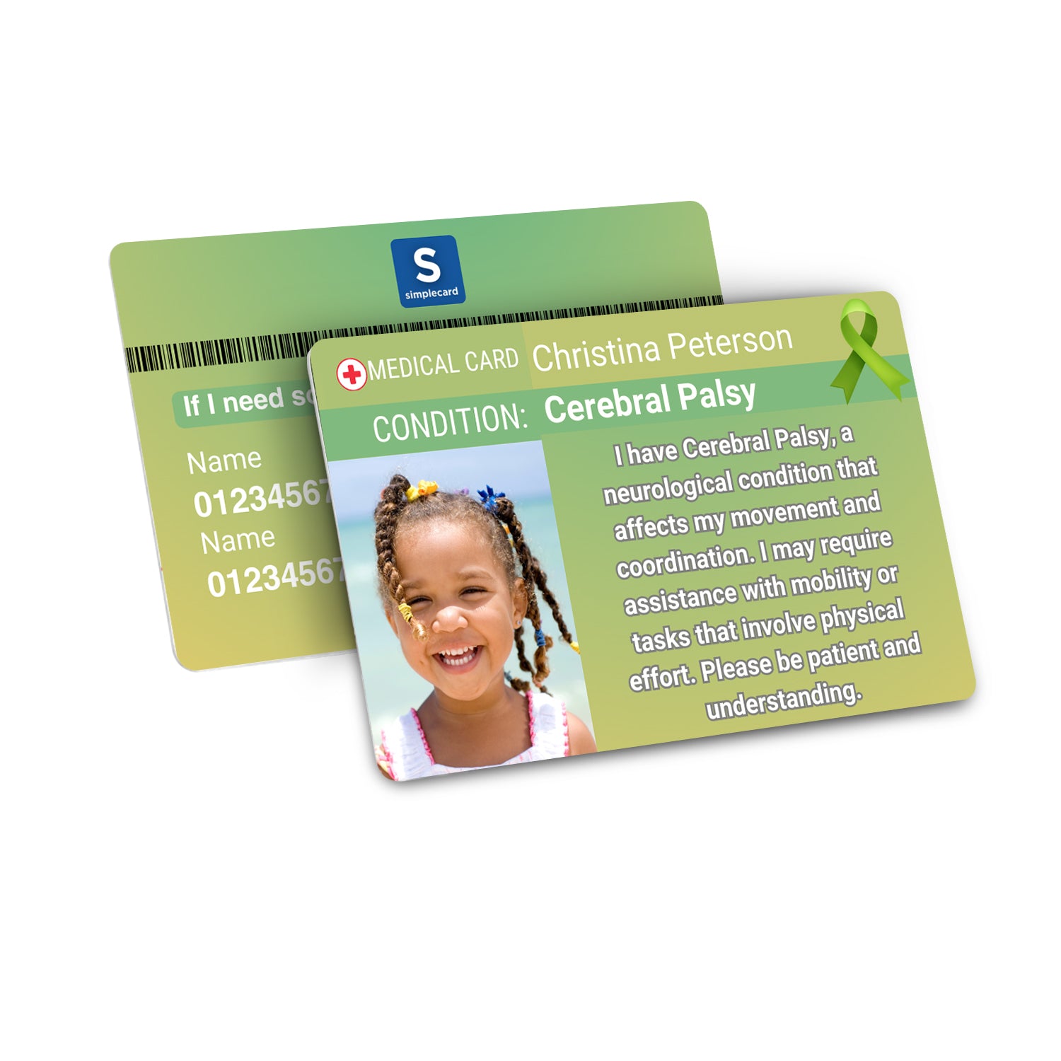 SIMPLECARD Cerebral Palsy Medical ID Card - Personalised ICE Awareness Card.