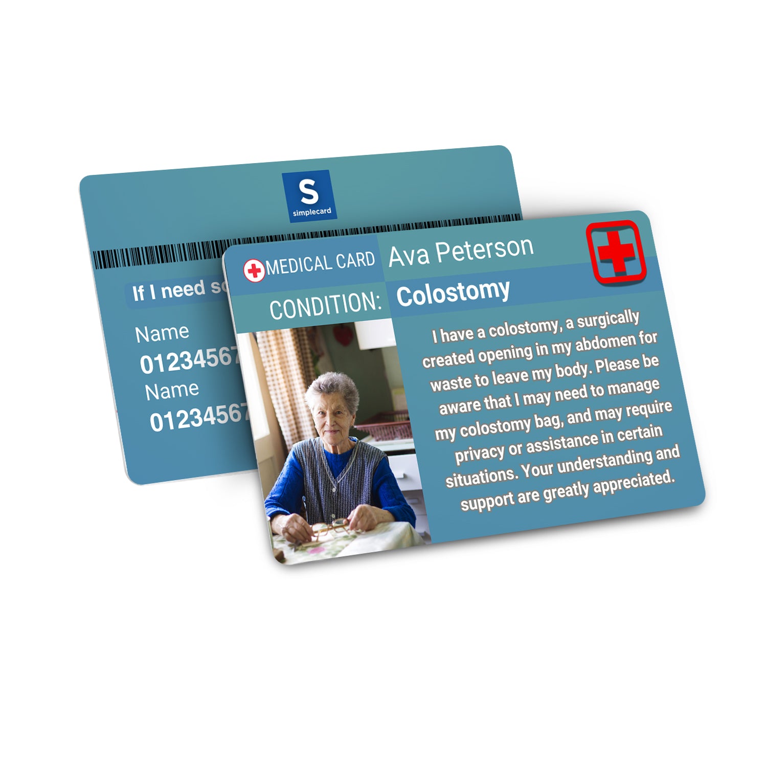 SIMPLECARD Colostomy Medical ID Card - Personalised ICE Awareness Card.