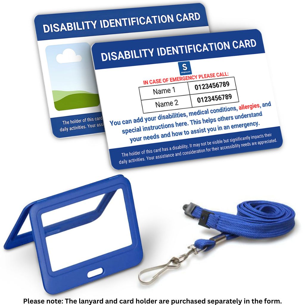Two disability identification cards with a blue card holder and lanyard on a white background.