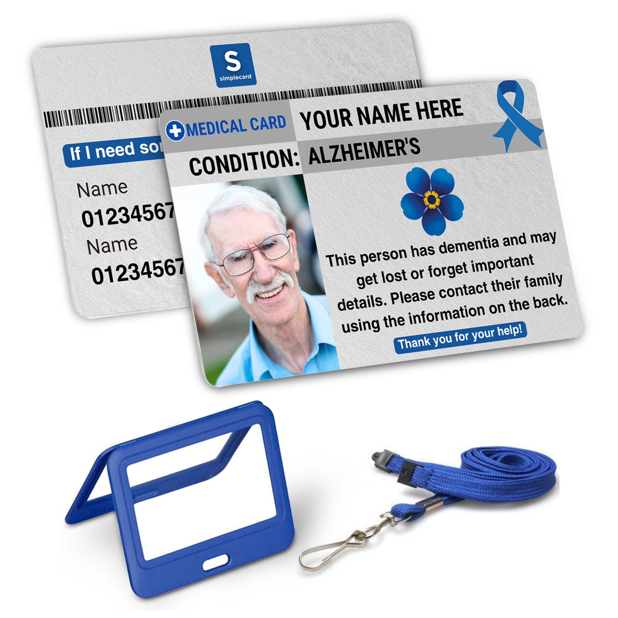 SIMPLECARD Dementia Awareness Medical Medical ID Card with Lanyard and Holder – Personalised Emergency Disability Badge
