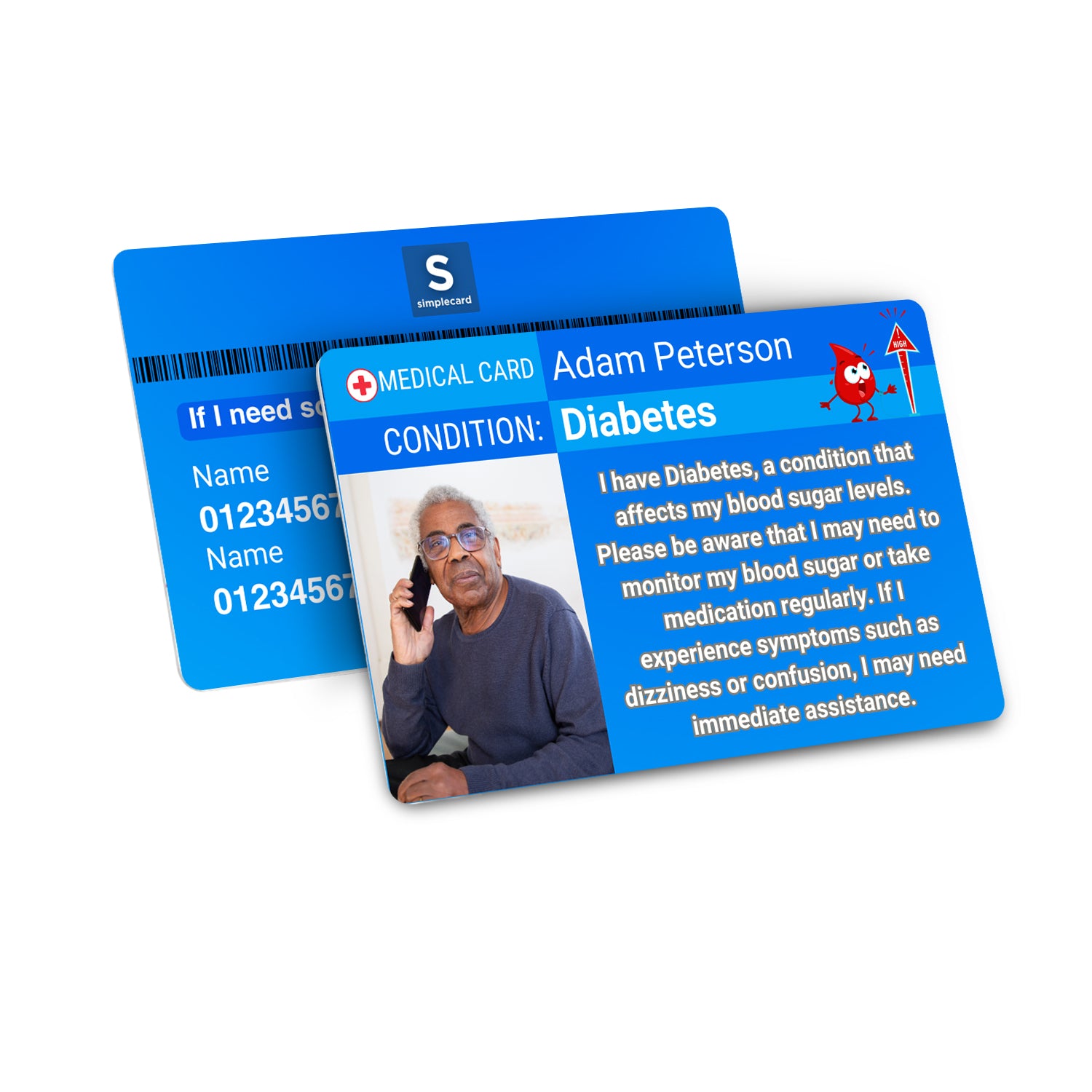 SIMPLECARD Diabetes Medical ID Card - Personalised ICE Awareness Card.