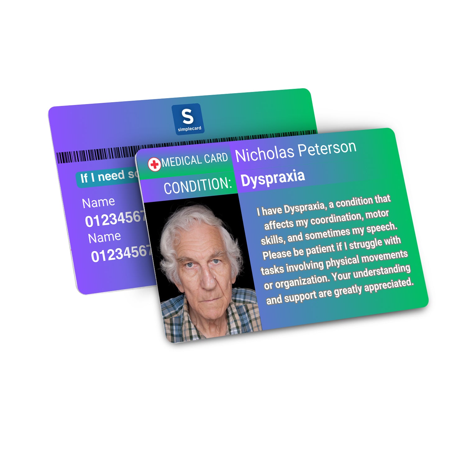 SIMPLECARD Dyspraxia Medical ID Card - Personalised ICE Awareness Card.