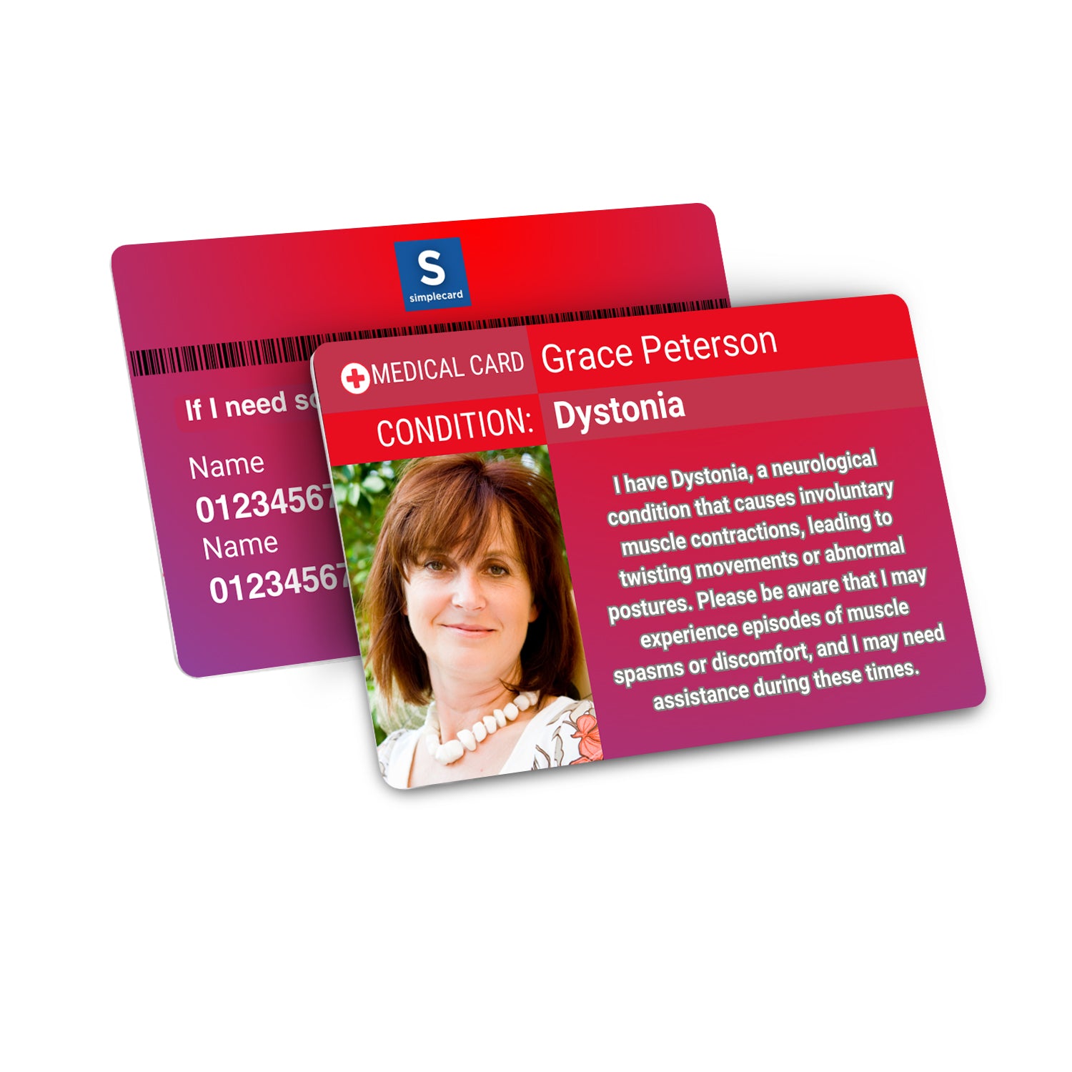 SIMPLECARD Dystonia Medical ID Card - Personalised ICE Awareness Card.