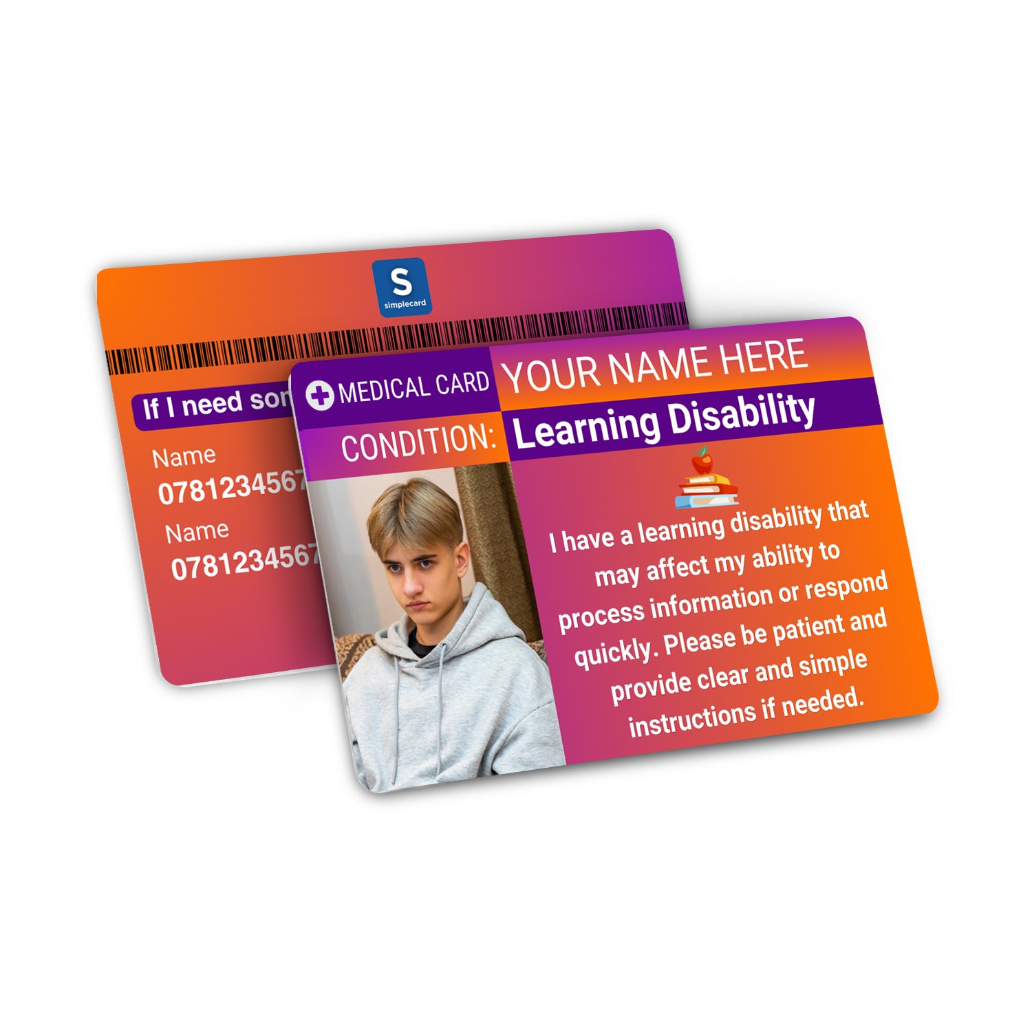 SIMPLECARD Learning Disability Medical ID Card - Personalised ICE Awareness Card.