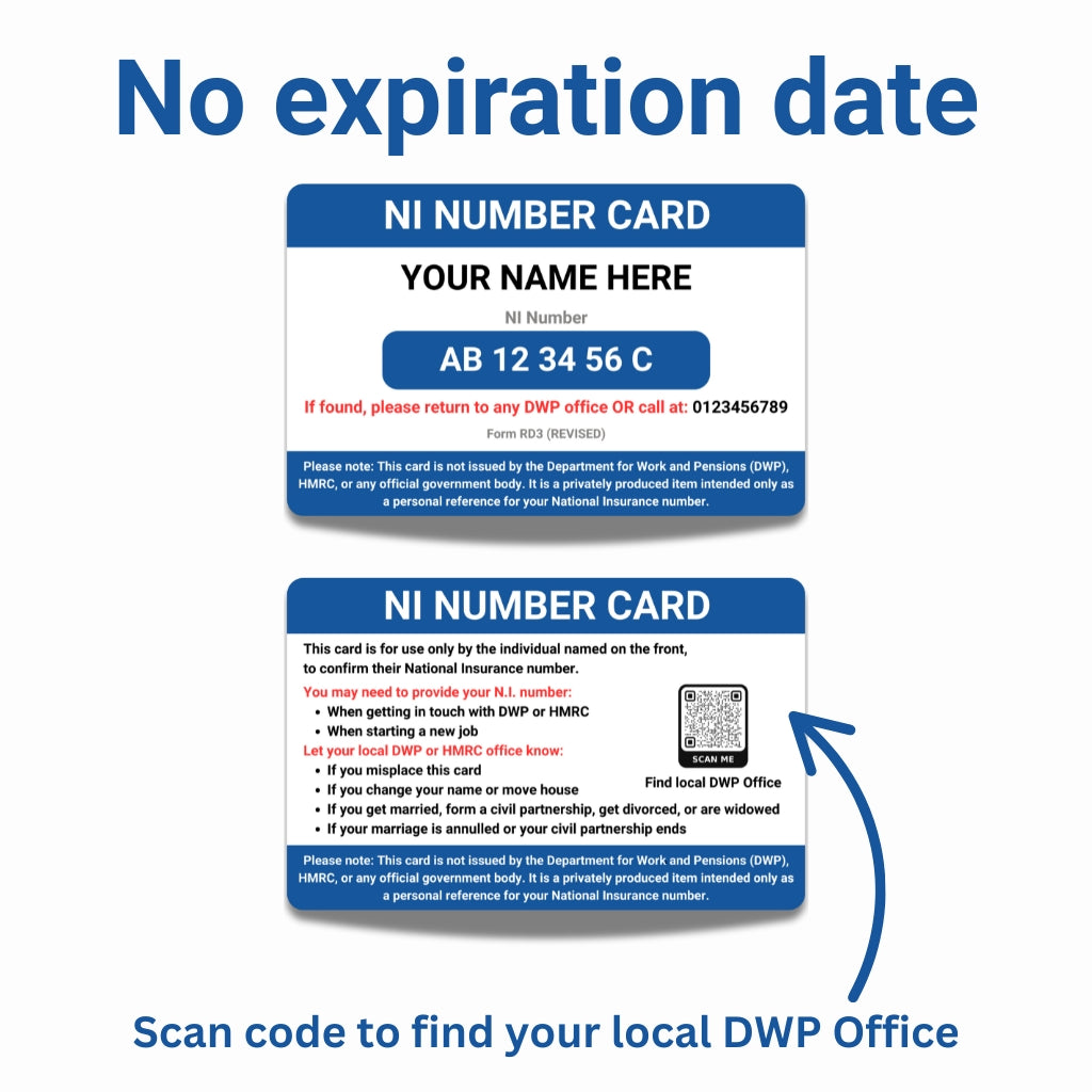 National Insurance Card Number - No Expiration Date, Scan code to find your local DWP office