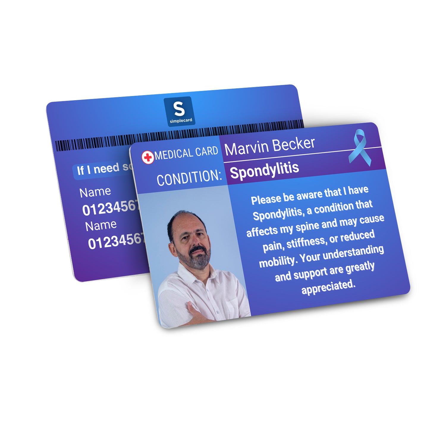 SIMPLECARD Spondylitis Medical ID Card - Personalised ICE Awareness Card.
