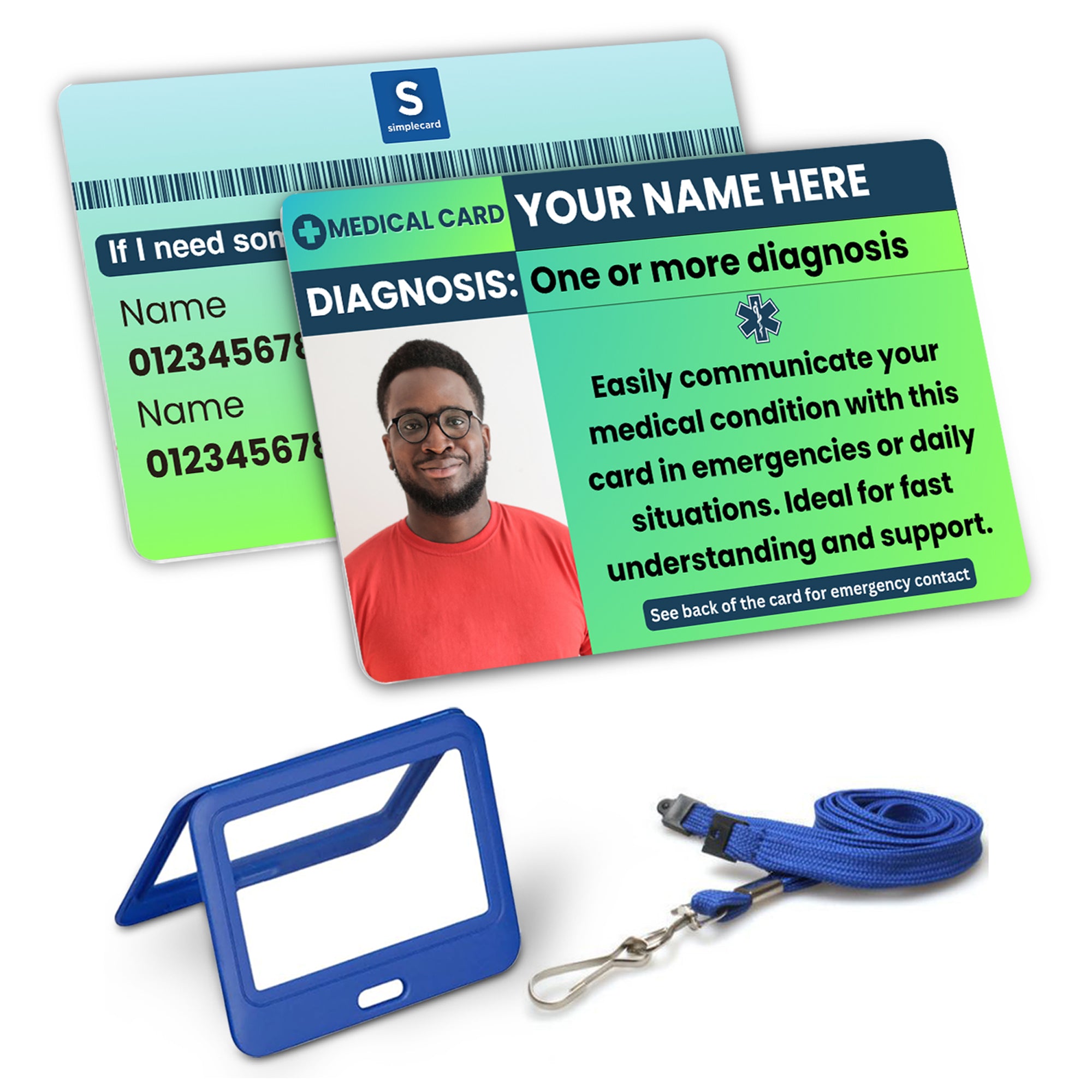 SIMPLECARD Universal Medical Medical ID Card with Lanyard and Holder – Personalised Emergency Disability Badge