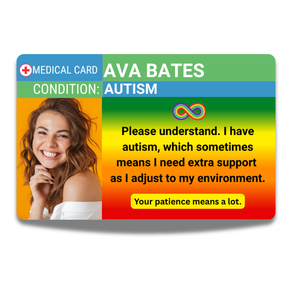 Medical identification card for Ava Bates with autism information and a smiling person on a colorful background