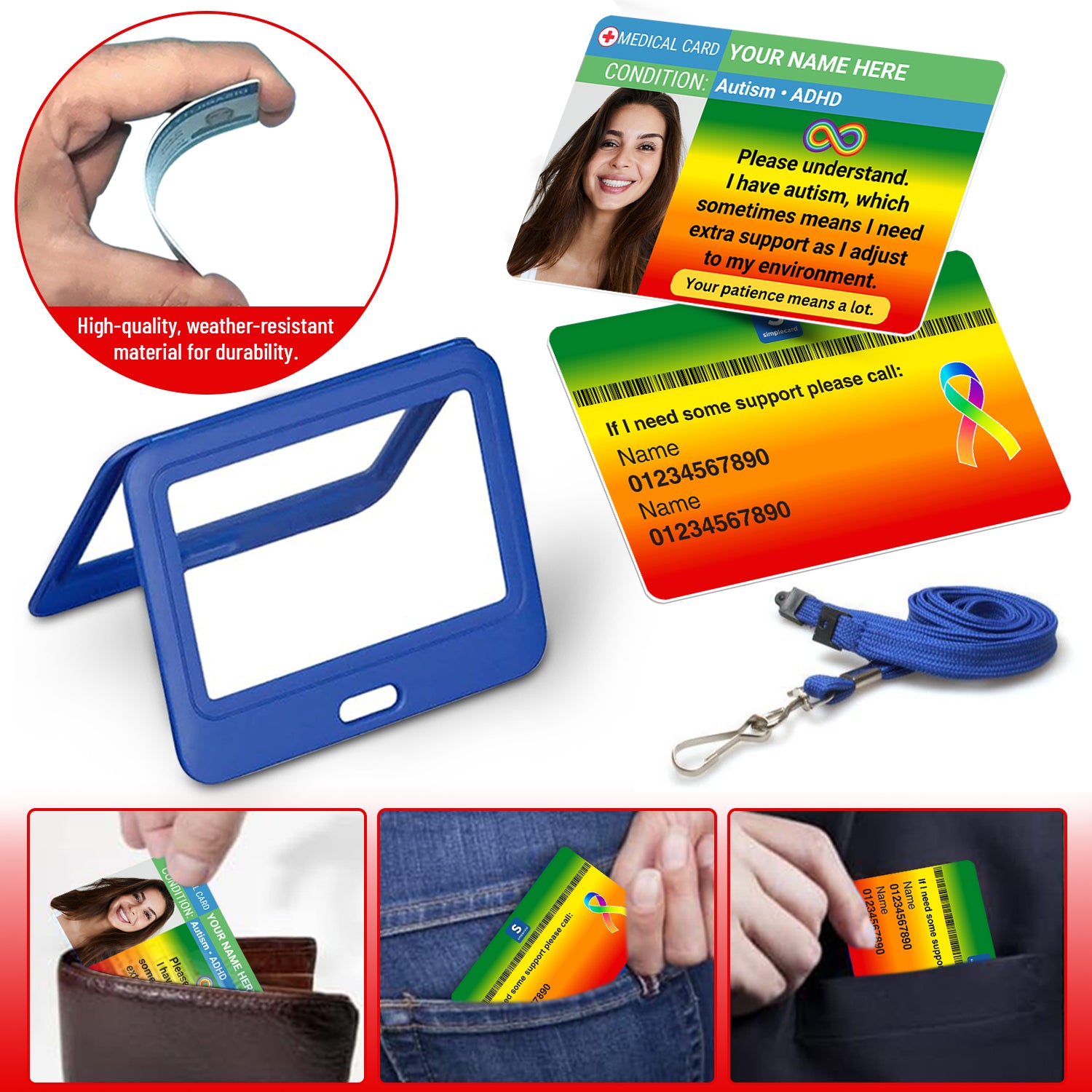 Colorful medical ID cards with a blue card holder and lanyard on a white background.