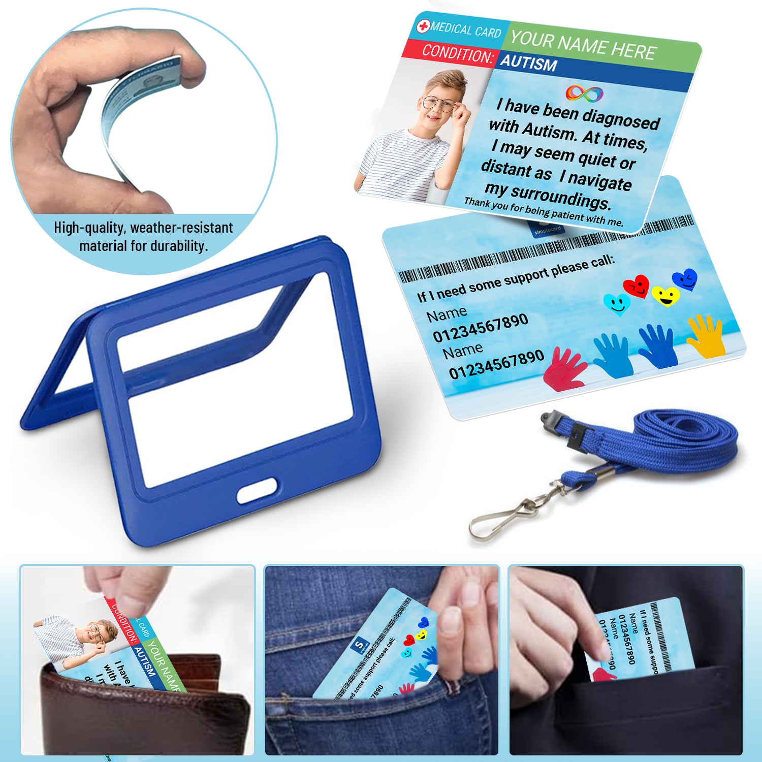 Autism identification card with blue holder and lanyard, shown in various use scenarios.