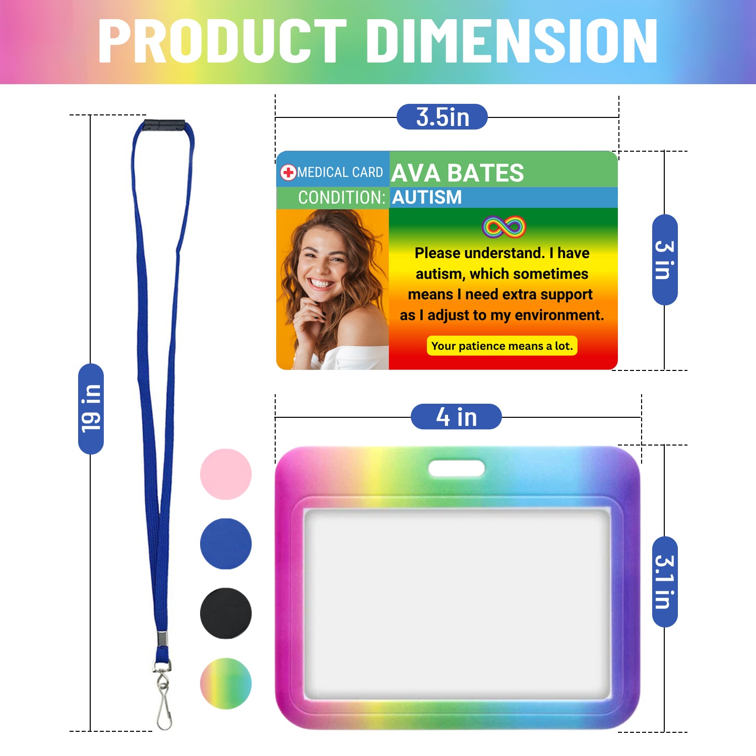 Product dimensions chart with a colorful ID card holder, lanyard, and medical card on a white background.